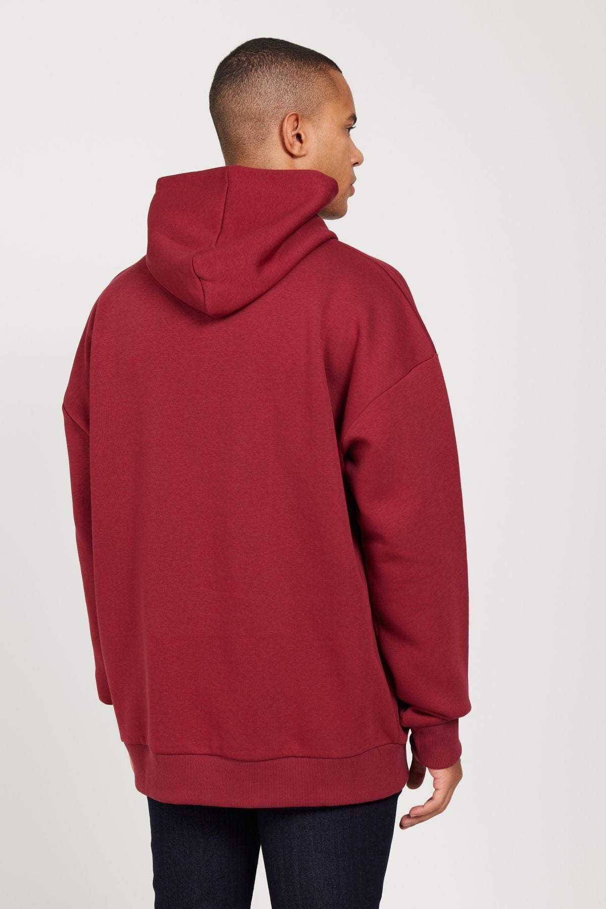 Erkek Bordo Oversize Fit Bol Kesim Kapüşonlu Içi Polarlı 3 Iplik Pamuklu Sweatshirt