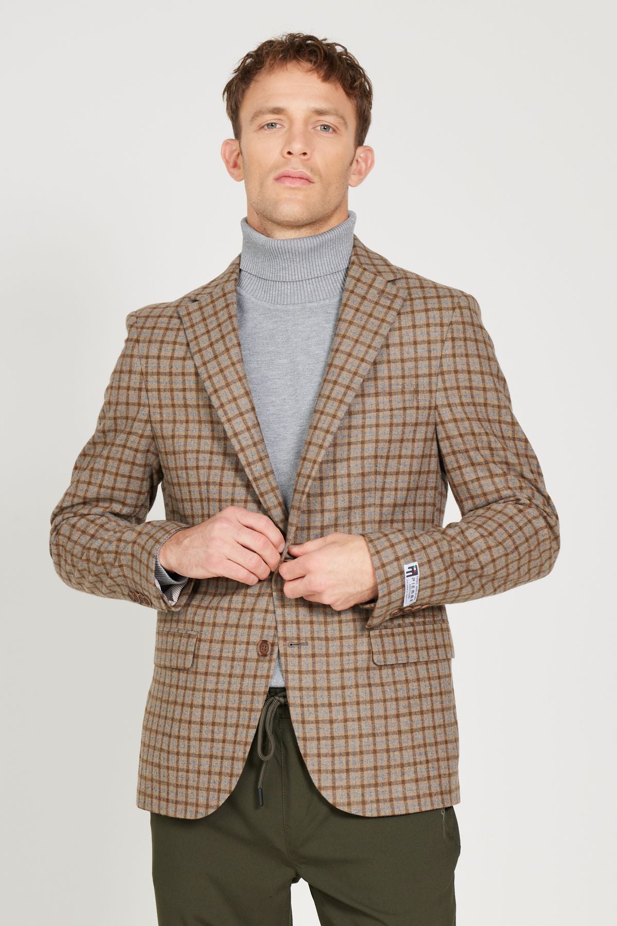 Men's coffee-bej slim fit narrow cutting mono collar checkered woolen jacket