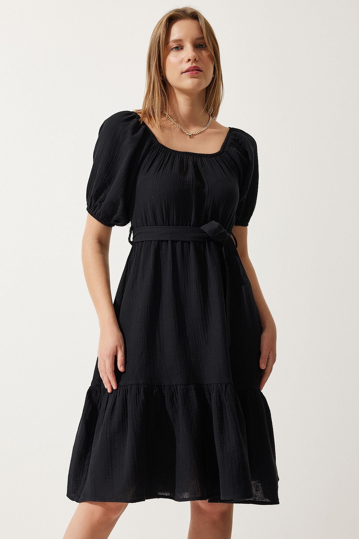 Female Black Carmen collar belt cottage Muslin dress MX00157