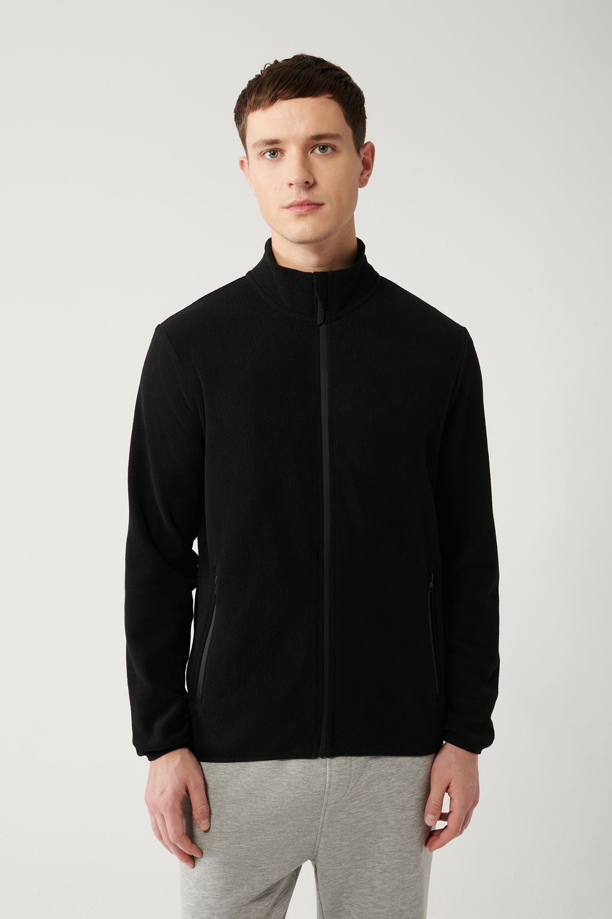 Men's black upright neck cold -resistant zipper with fleece sweatshirt E001069