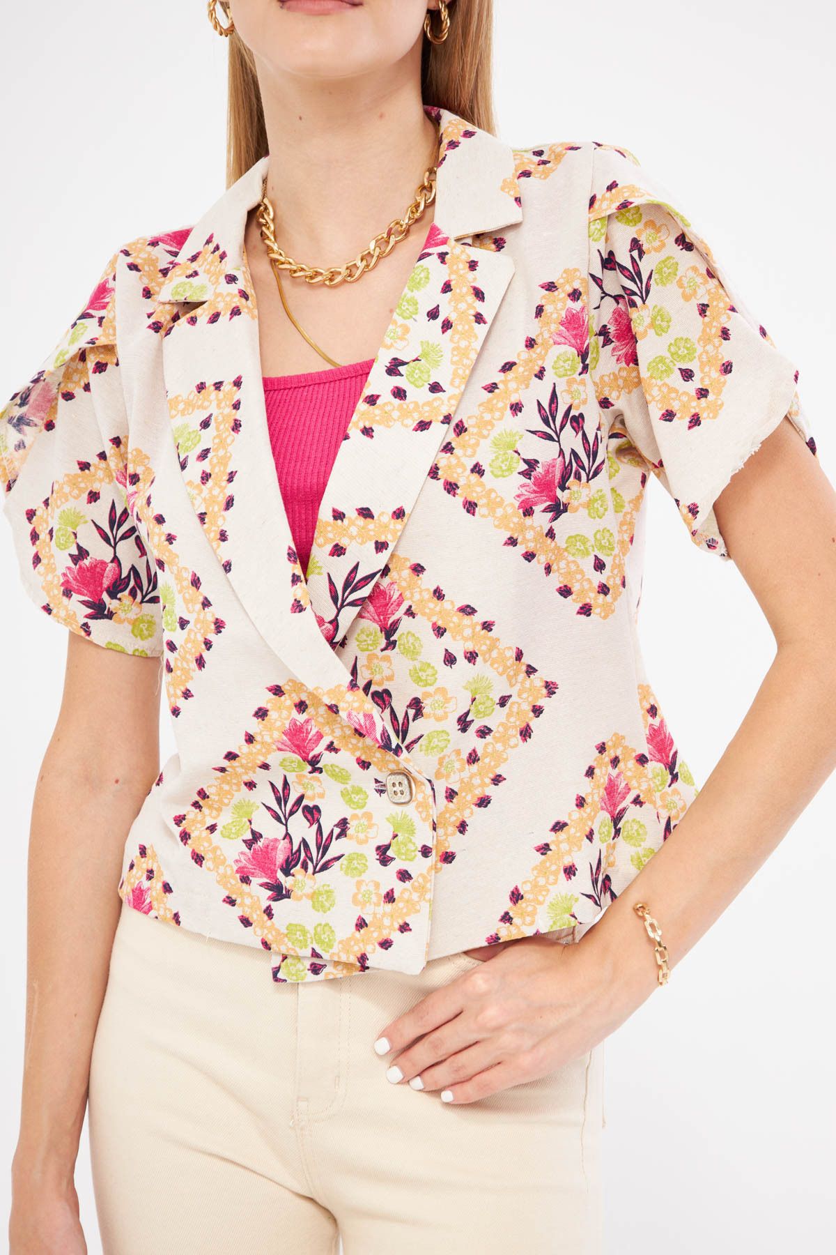 Woman Open Fuchsia Linen-Looking Patterned Lever Slit Crop Short Sleeve Jacket ARM-24Y001095