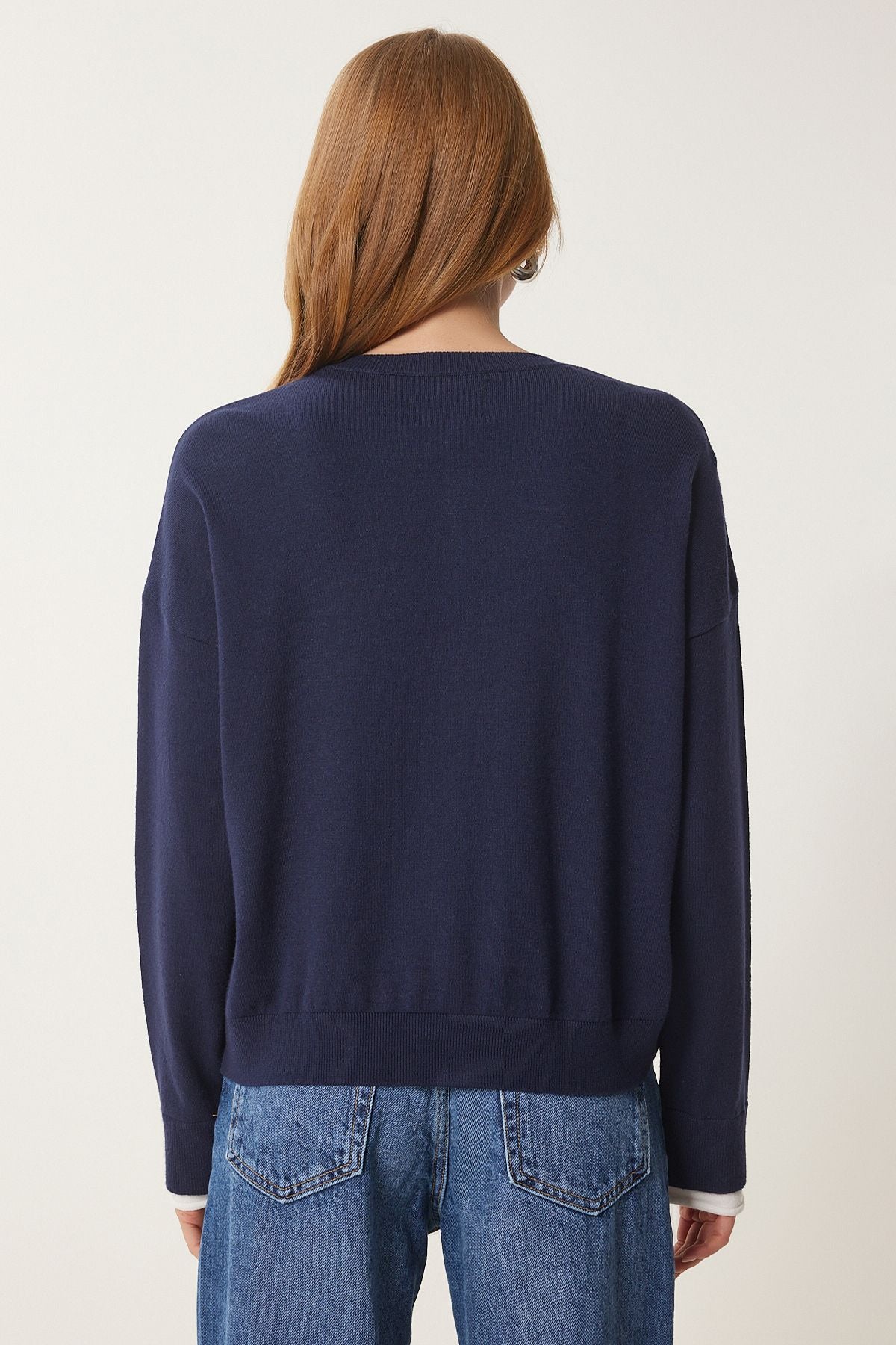 Women's Navy Blue Contrast Ribbon Detail Triko Cardigo US00953