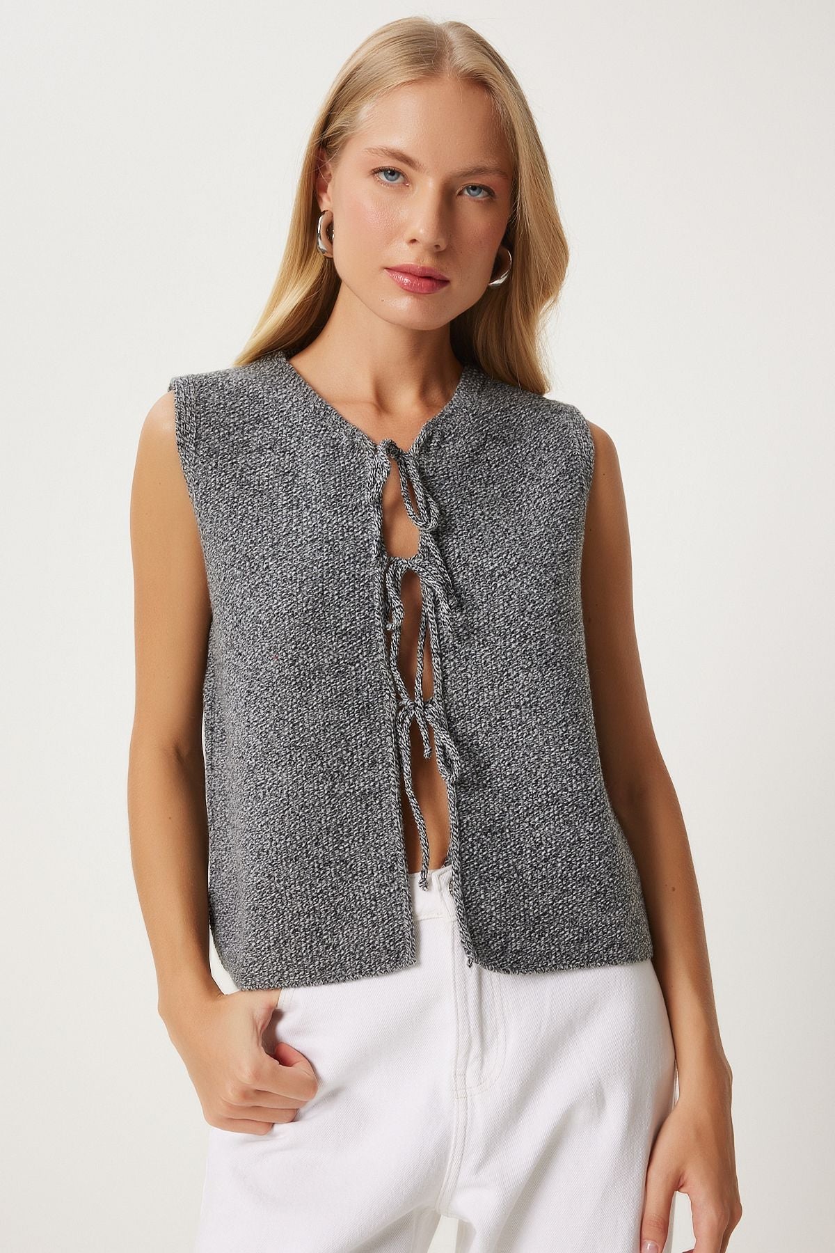 Women's Gray Lacık Knitwear Vest US00923