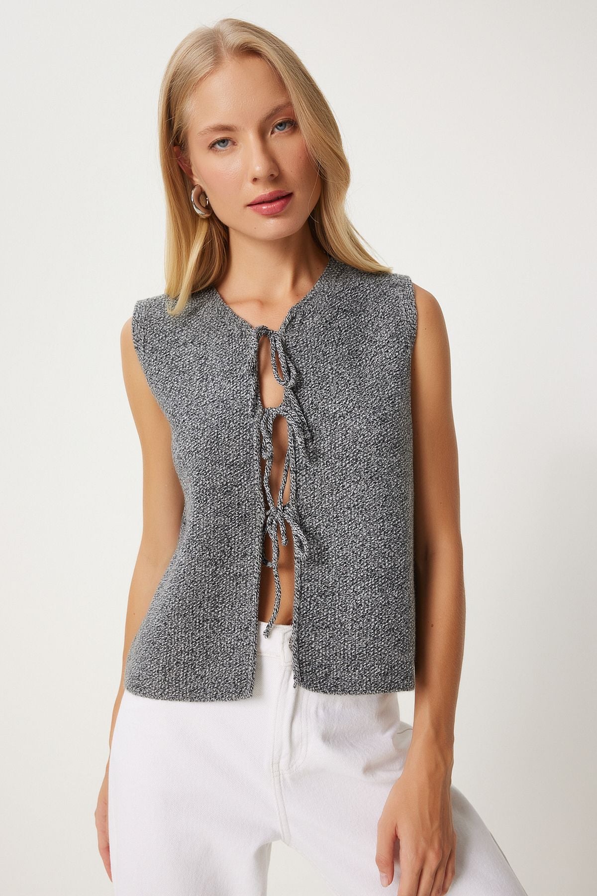 Women's Gray Lacık Knitwear Vest US00923