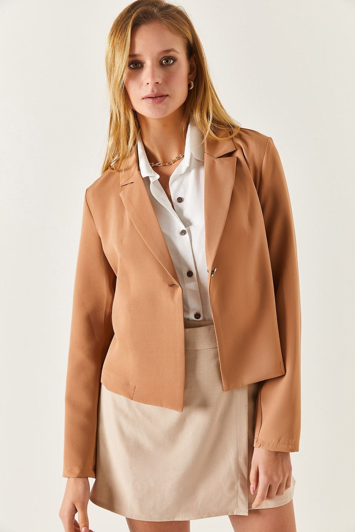 Female Beige Single button Crop jacket ARM-22Y001237