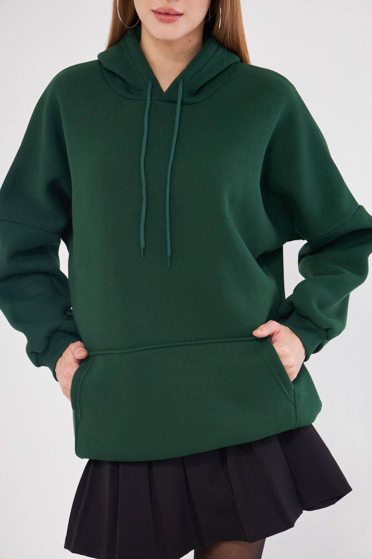 Woman Dark Green Hooded in Sweatshirt Arm-25k001045