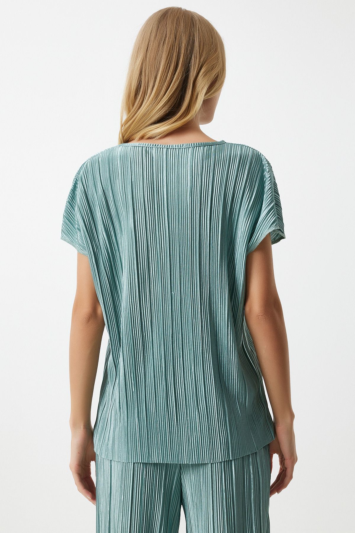 Female Water Green Pilisable Casual Blouse Pants Set Mc00283