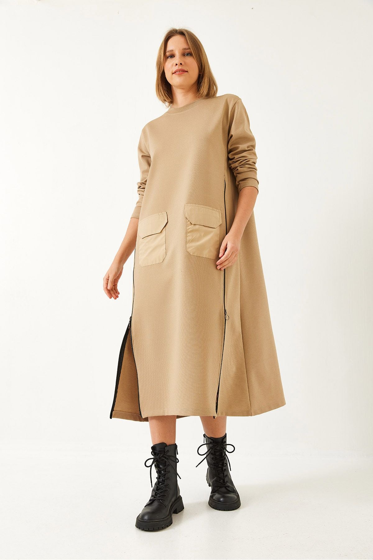 Women's sides with zipper double pocket long dress 8004 60351340