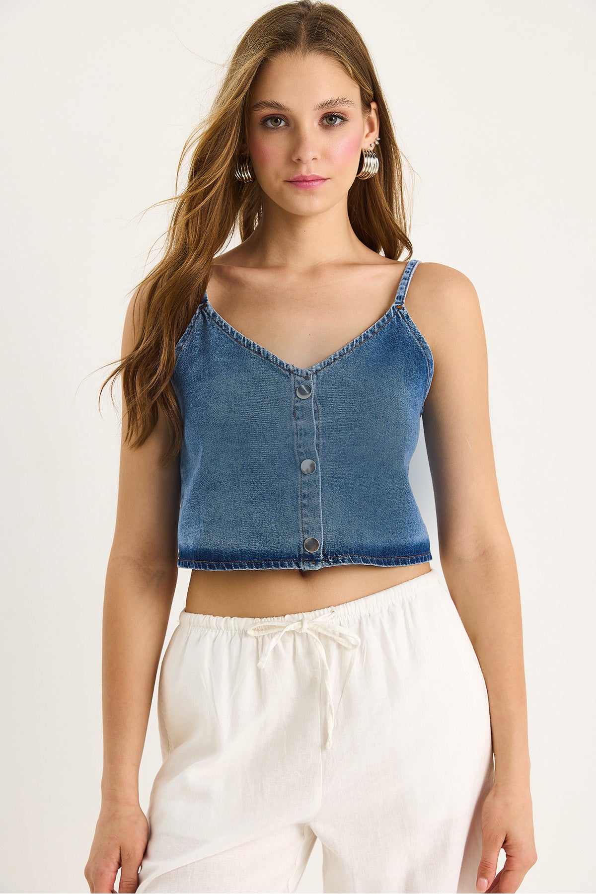 Women's Thin Strap V-Neck Crop Denim Blouse 6079 60281078