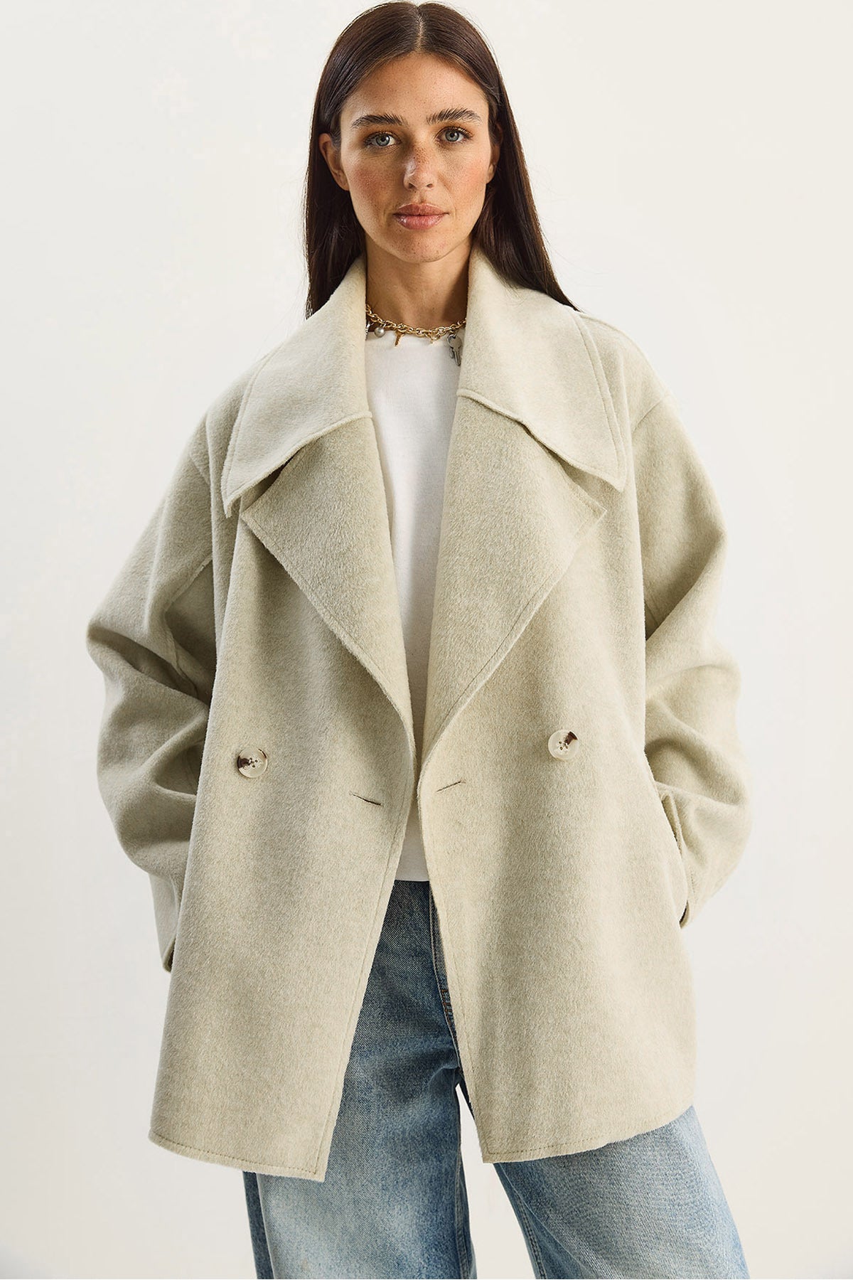 Women's Wide Collar Pocket Detailed Oversize Cashmere Coat 38183 60283785