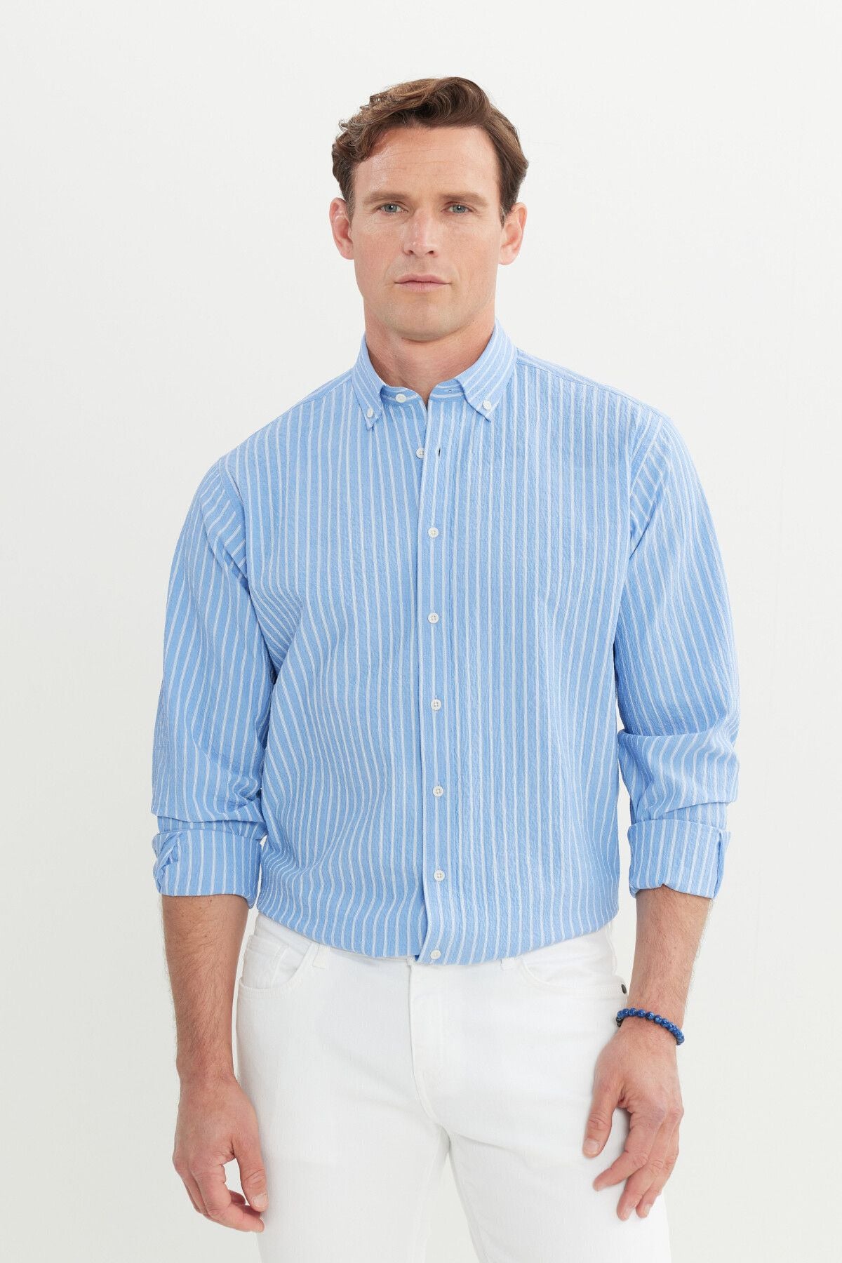 Men's Blue 100 %Cotton Comfort Fit Casual Cutting Buttoned Neckline Shirt
