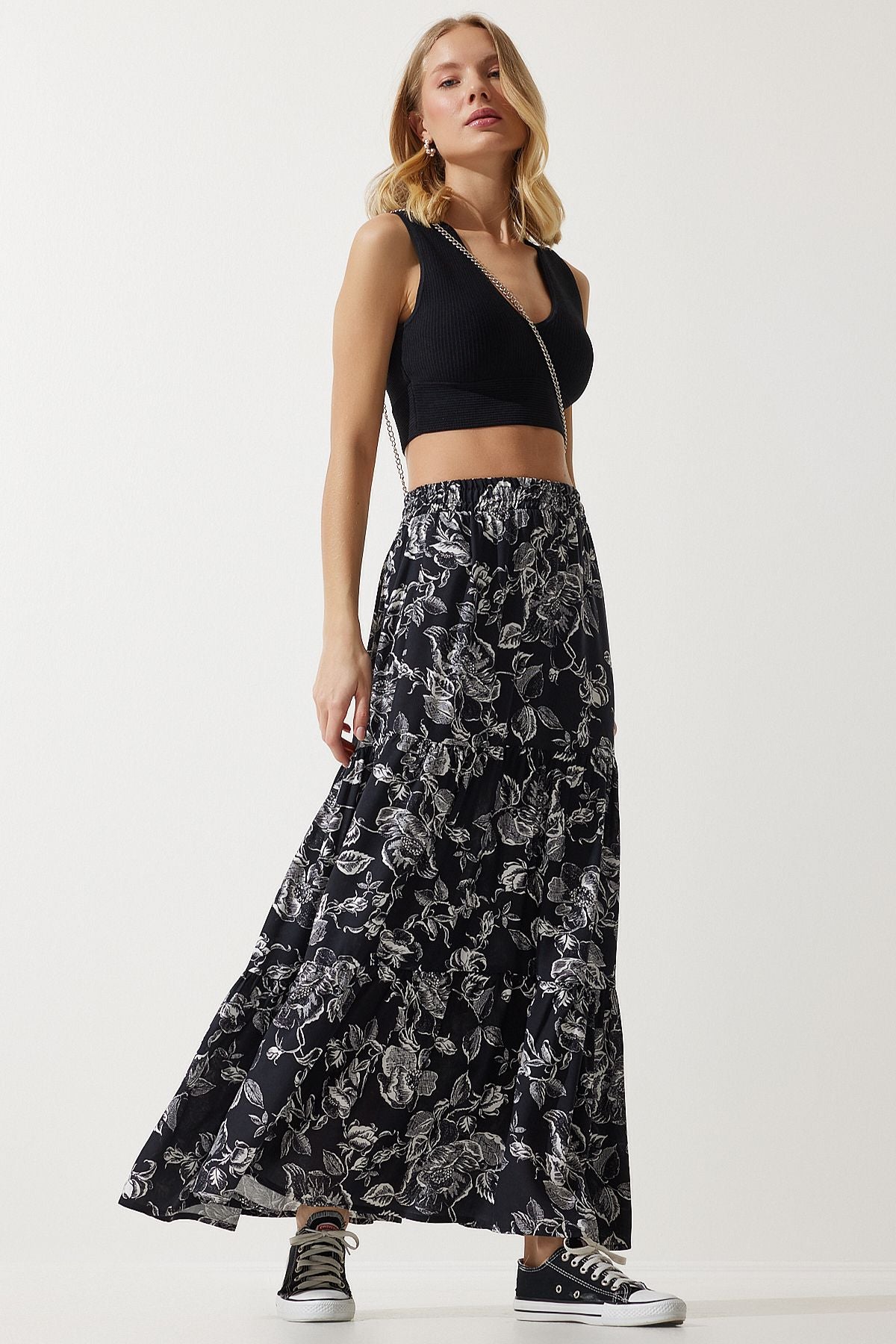 Female Black Flower Patterned Volan Viscose Skirt DD01310