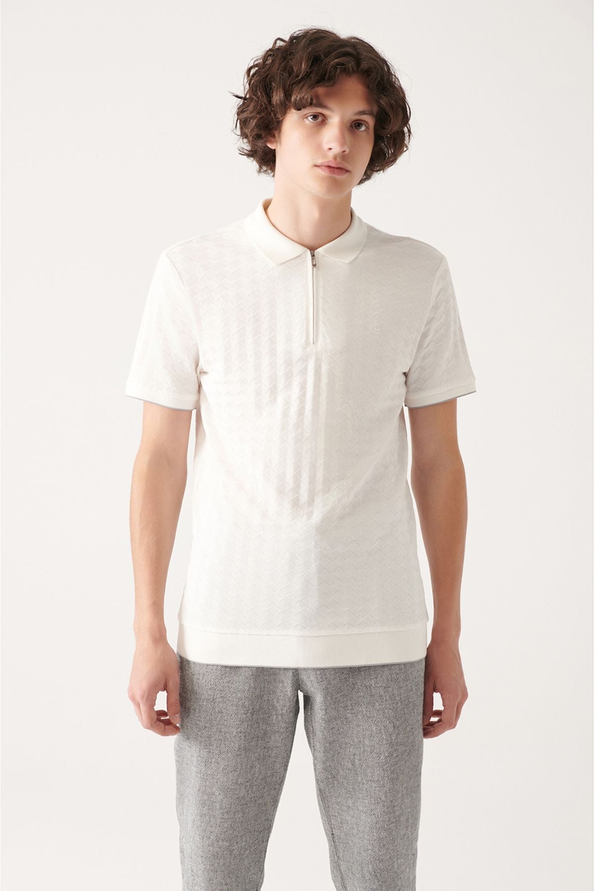 Men's White 100 %Cotton Zipper Polo Yaka T-shirt A31y1165