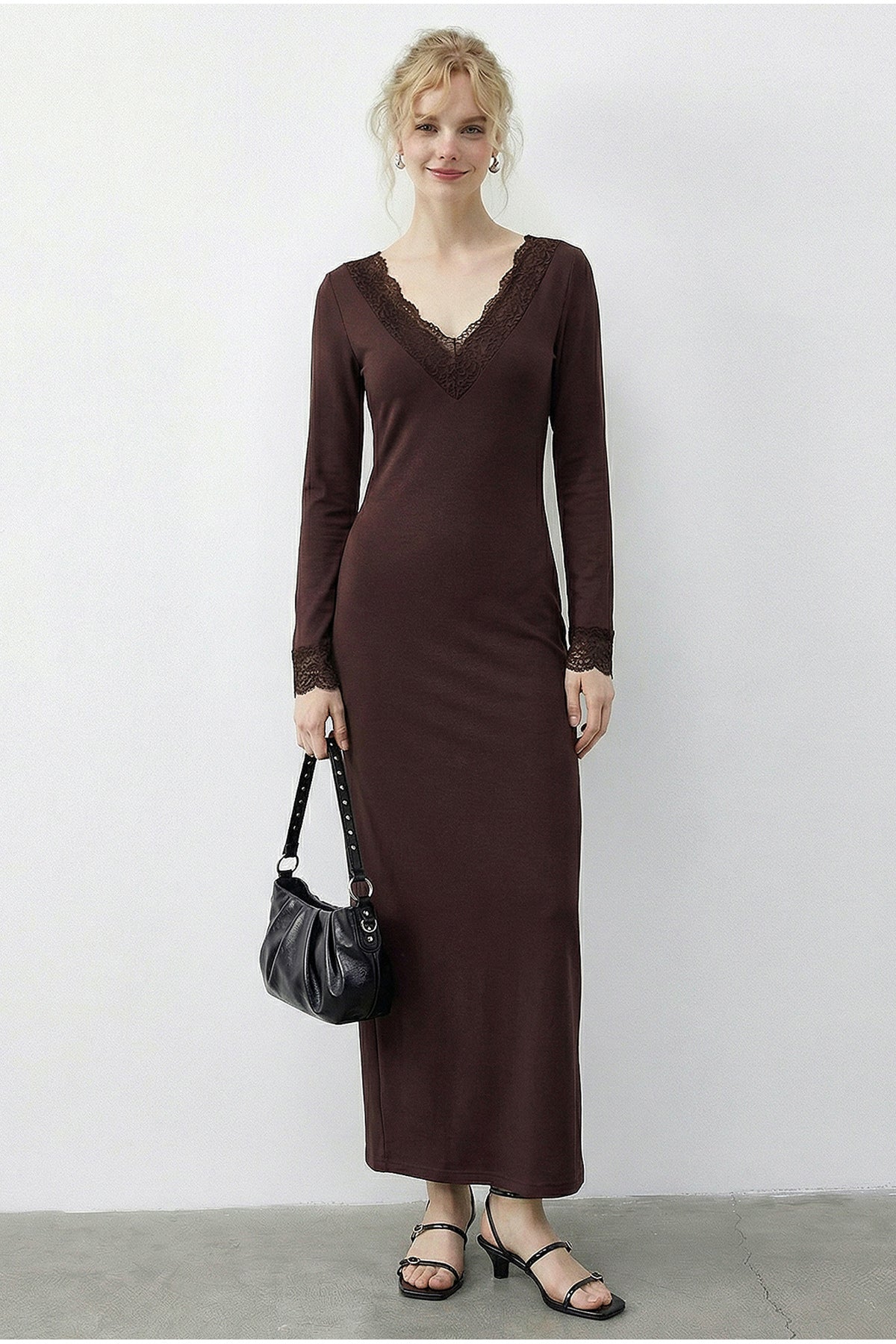 Women's V-Neck Lace Detailed Lycra Long Pencil Dress 4104 60283963