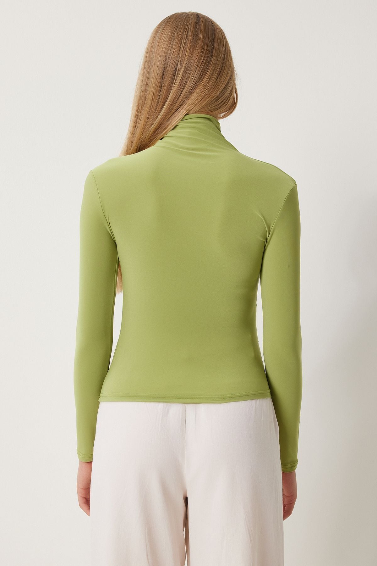 Female peanut green shirring detailed upright collar sandy blouse FF00135