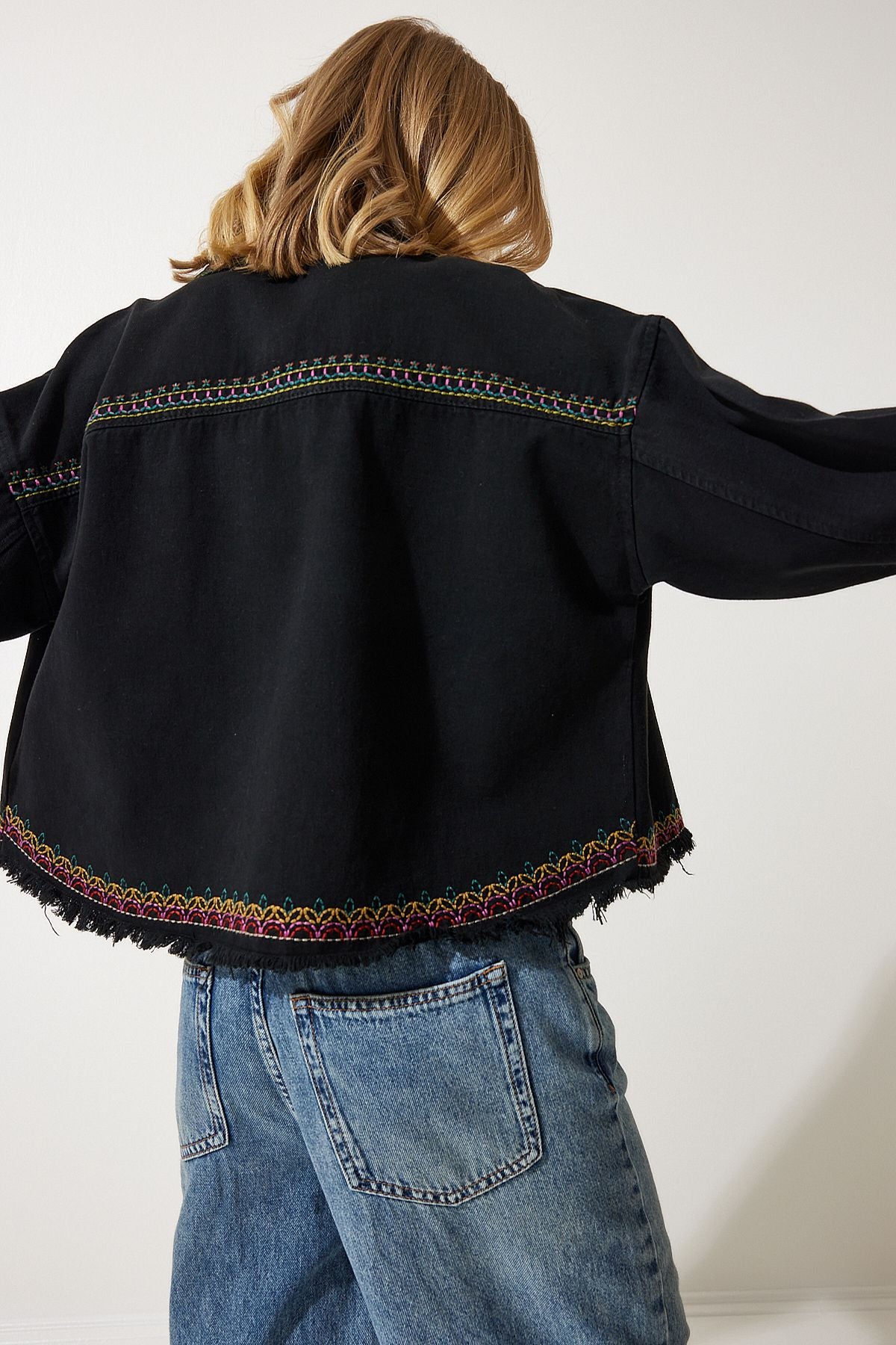 Female Black Embroidered Tassel Oversize denim jacket sa00018