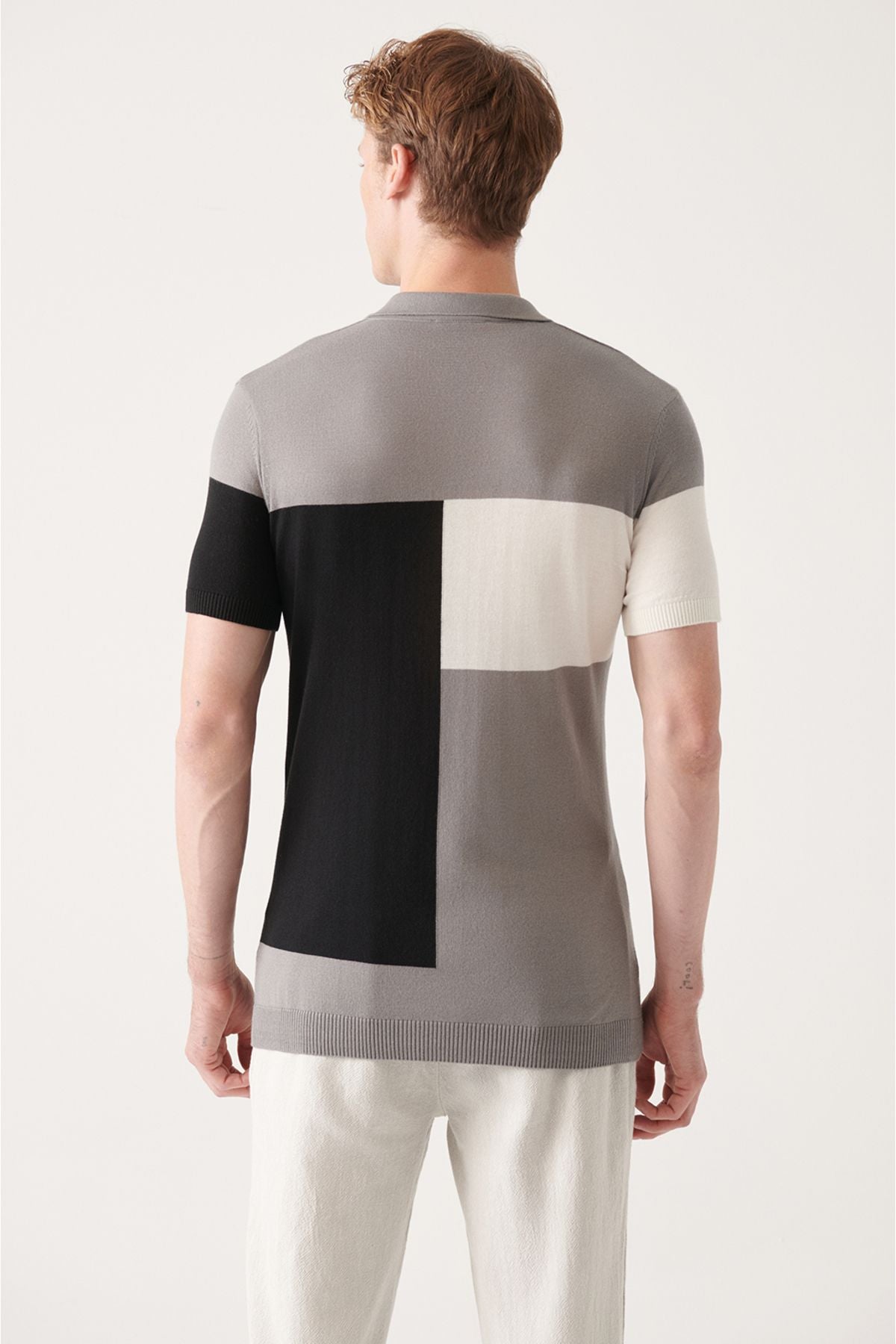 Men's Gray Cotton Block Color Polo Yaka Triko T-Shirt A31y5126