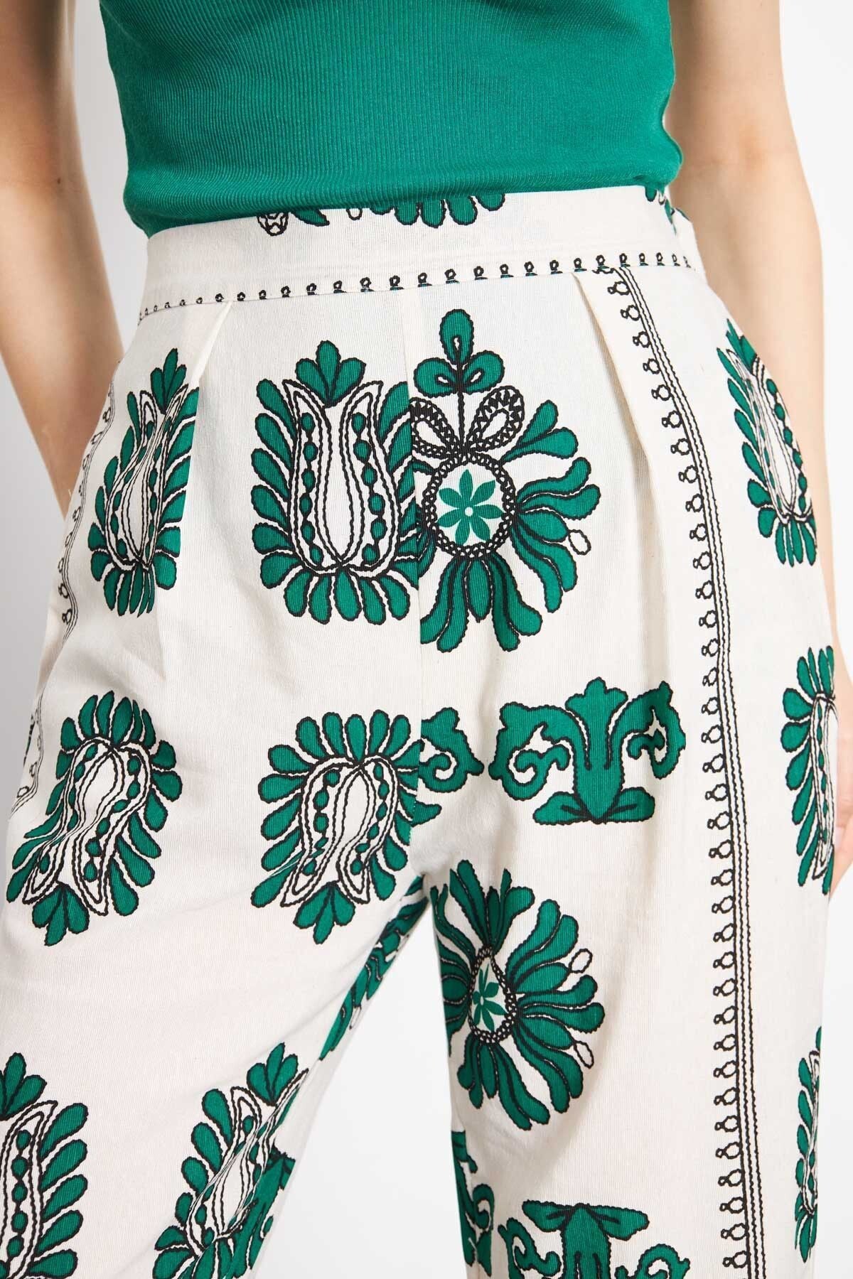 PALAZZO Pants with Patterned Patterned Patterned Emerald Linen-Look