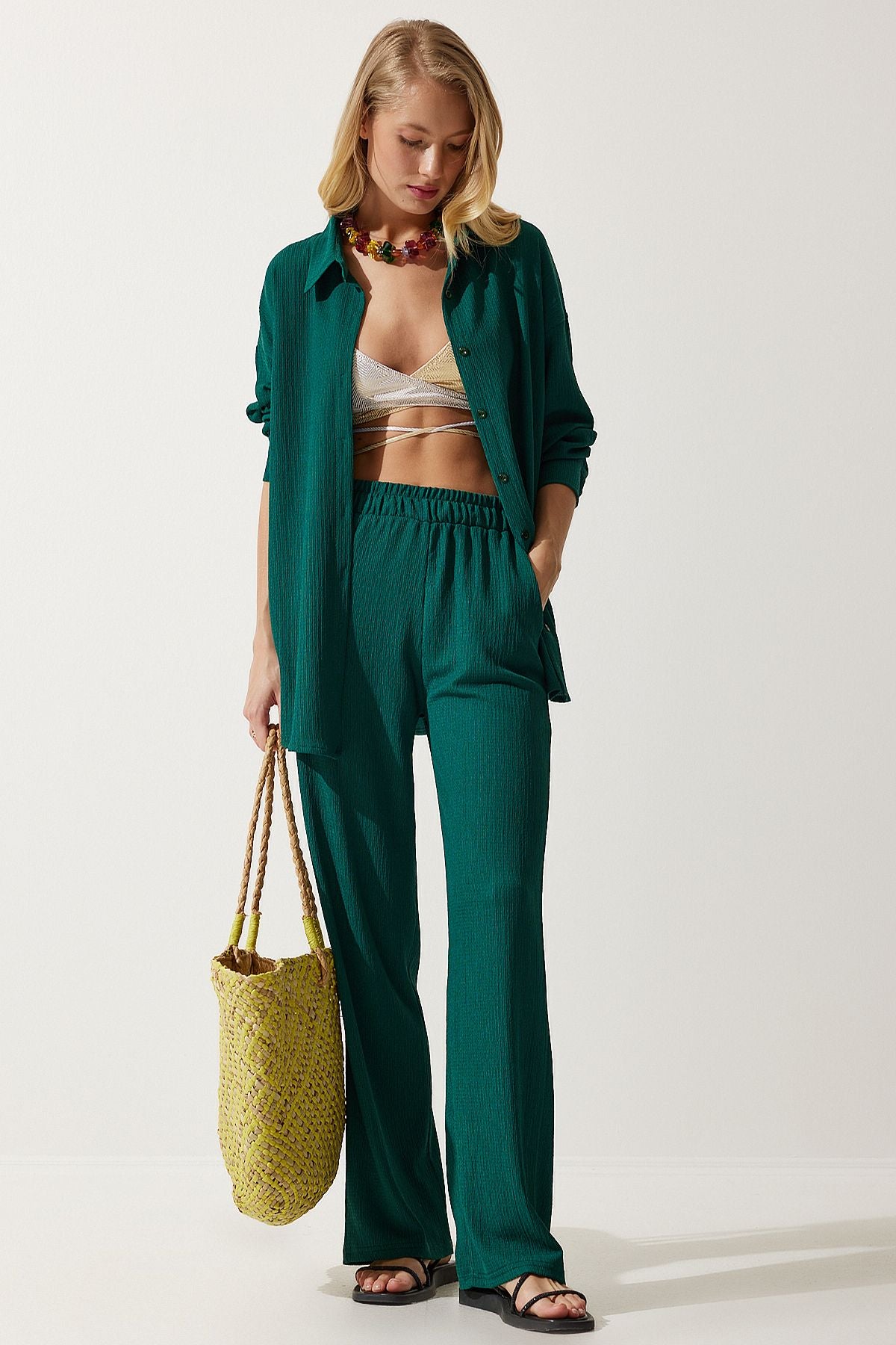 Woman Dark Green Casual Knitting Shirt Pants Set KH00090