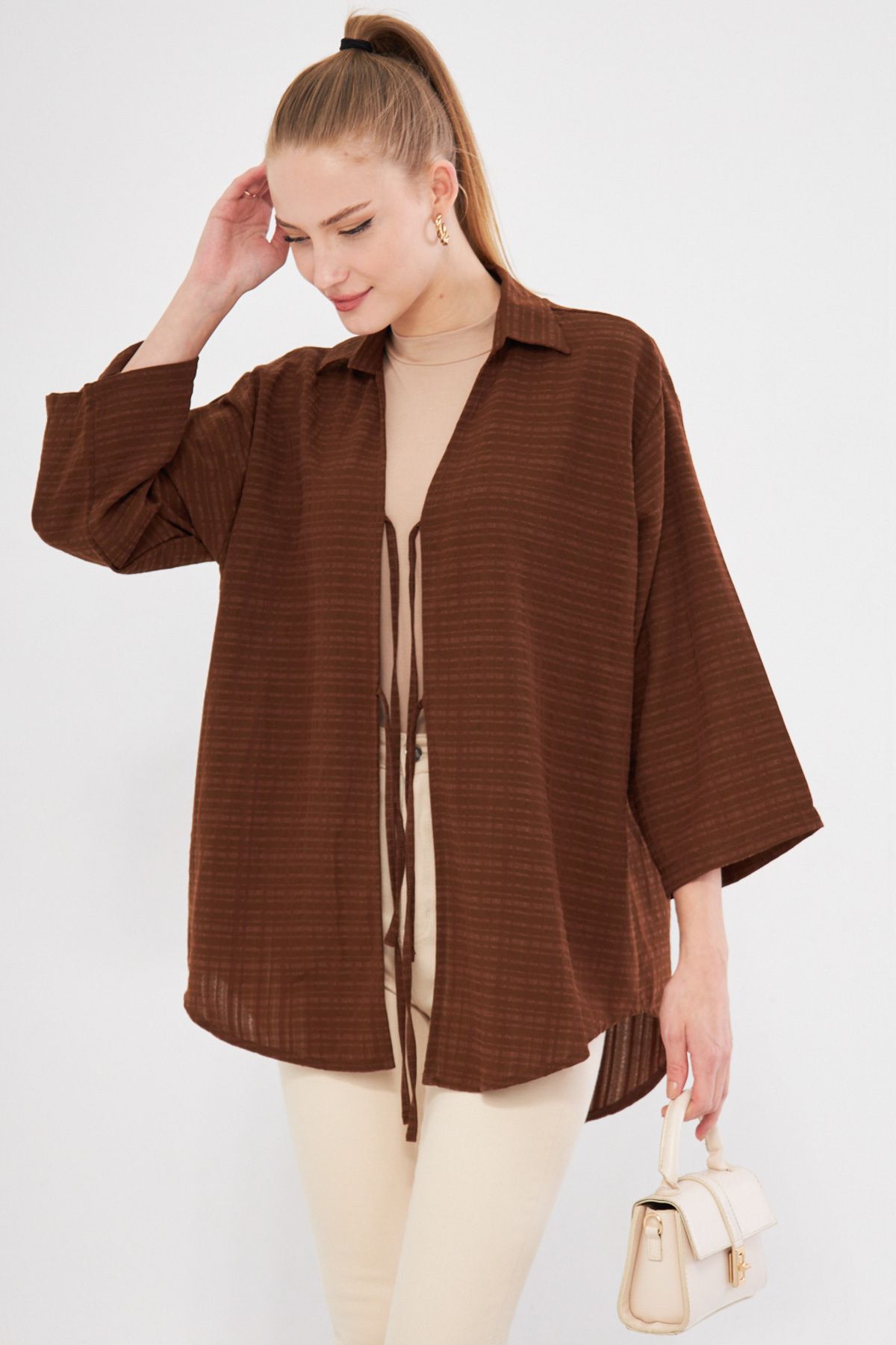 Women's coffee shirt collar front with the front Kimono shirt ARM-25K001006