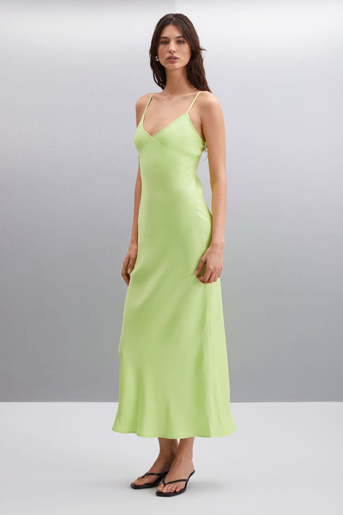 Nashaly woman thick woven satin strap with maxi light green dress expanding from the waist