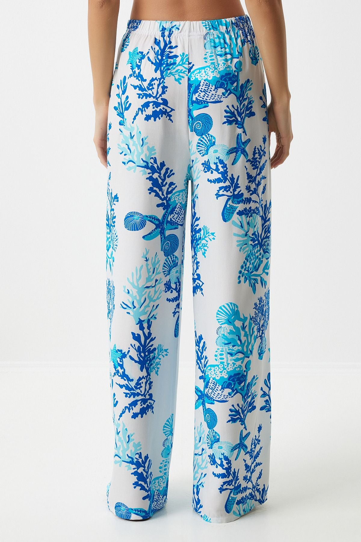 Woman Sky Blue and White Patterned Viscose Palazzo Pants EN00606