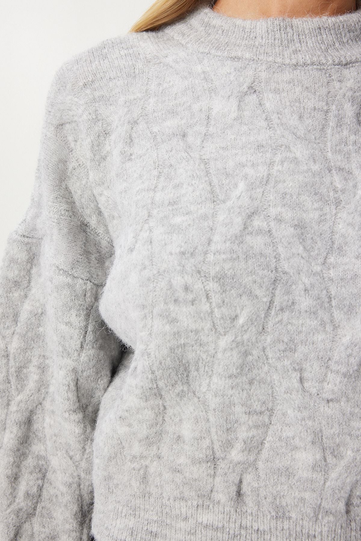 Women's Gray textured crop knitwear sweater MX00170