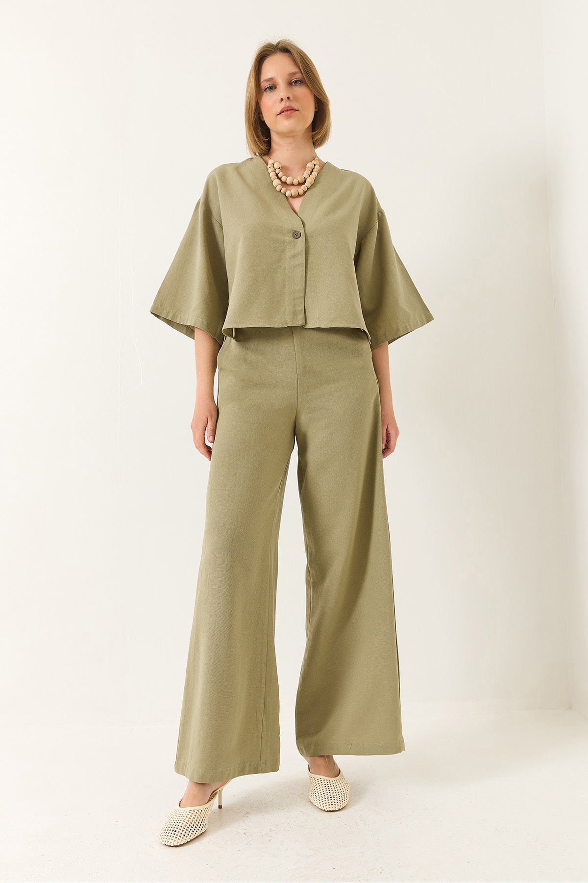 Women's V-Neck Bat Sleeve Linen Kimono Palazzo Top and Bottom Set with Trousers 9295 60281019