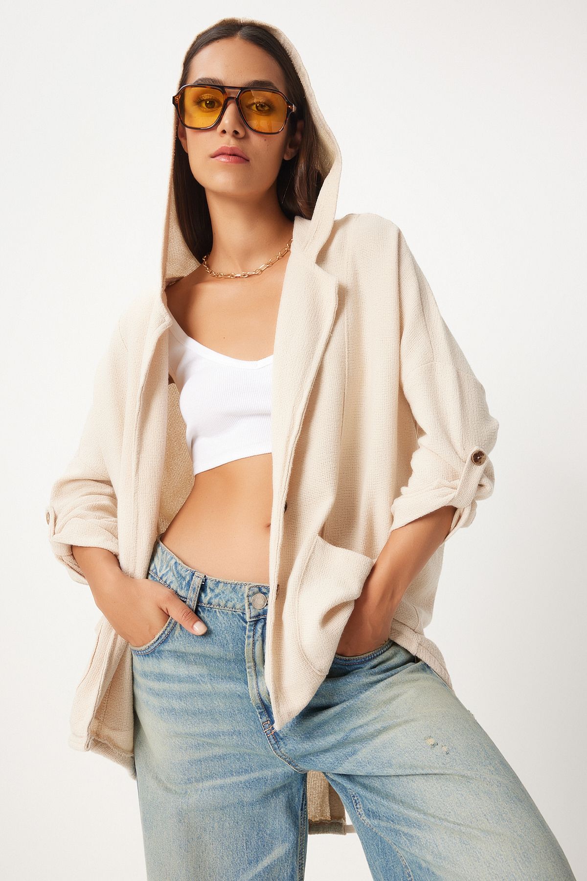 Female cream hooded overwheeling jacket gp00007