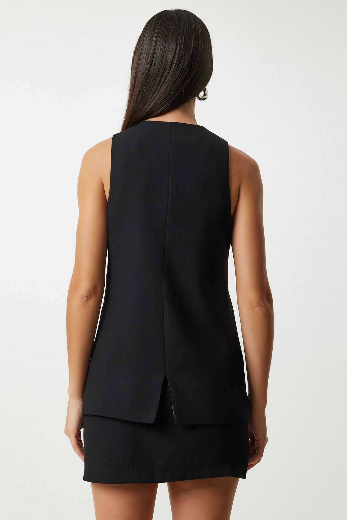 Female Black Sleeveless Vest Mini Skirt Woven Set FN03188