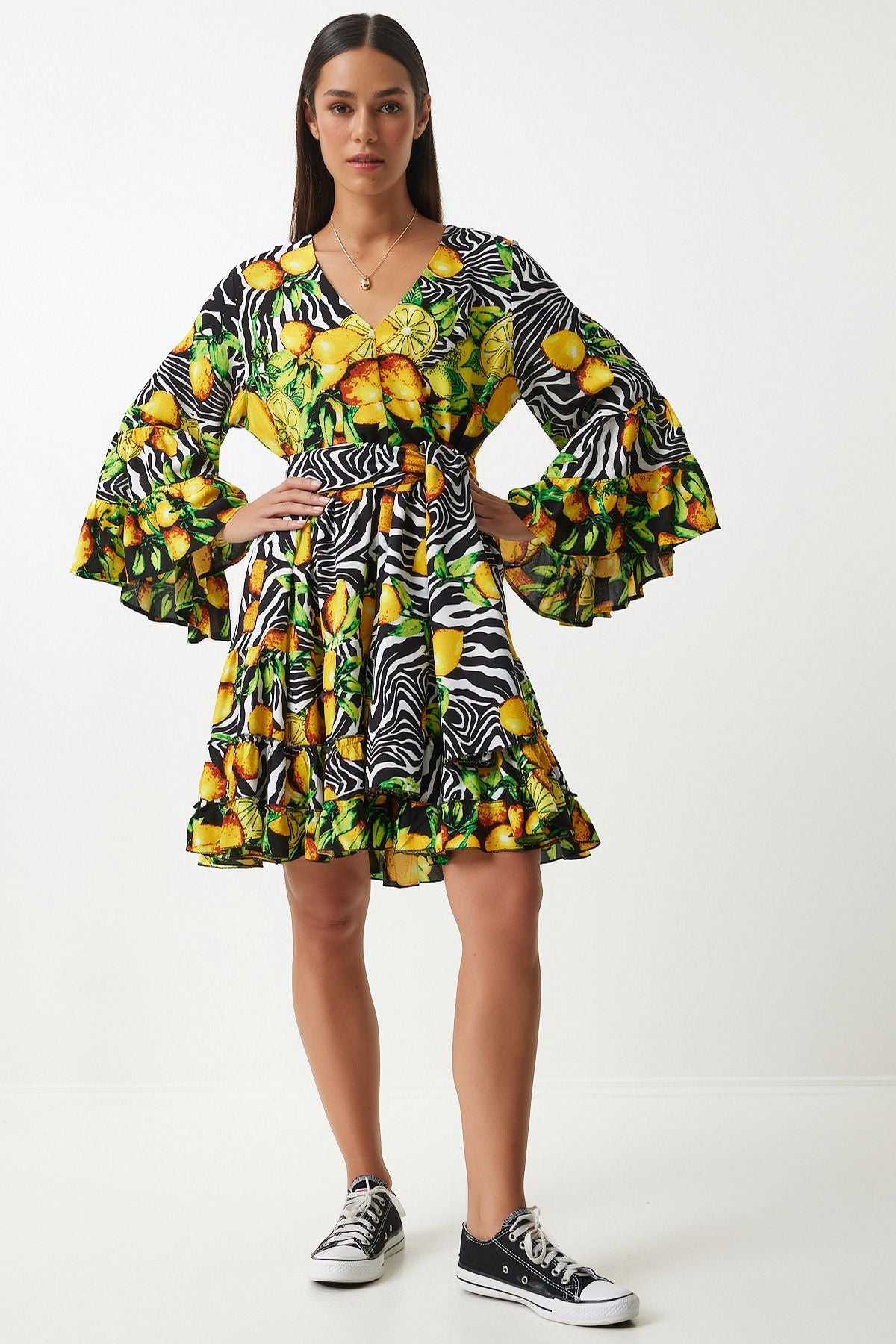 Woman Yellow Black Patterned Summer plenty of viscose dress FN03200