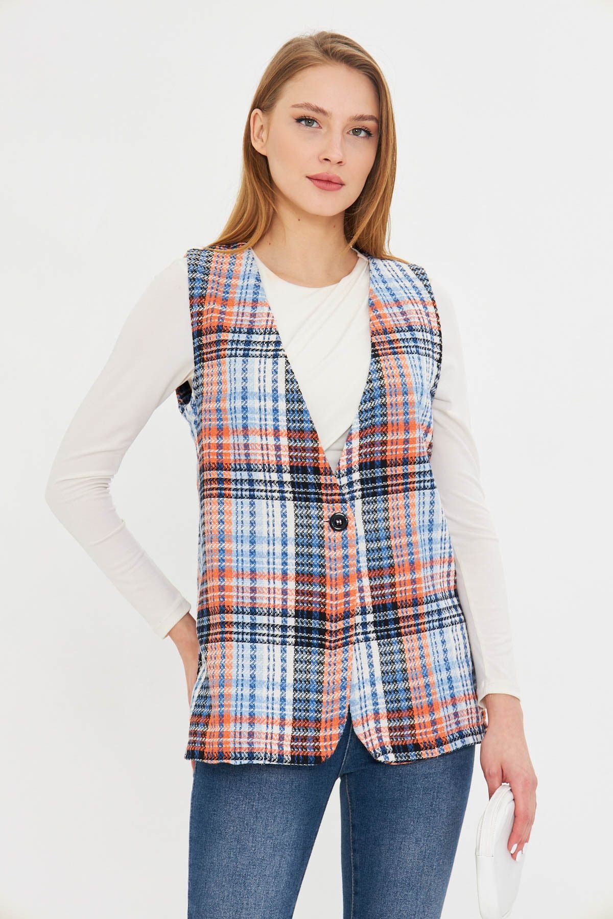 Woman Orange V-Neck Single Buttoned Oversiz vest with ARM-25K001111