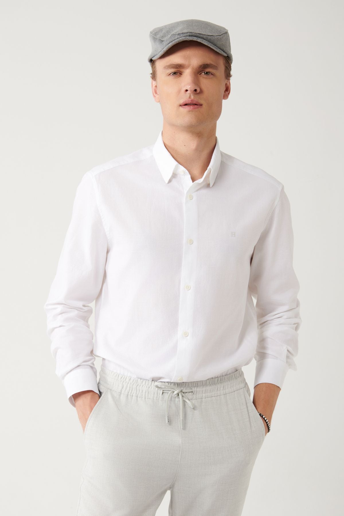 Men's White 100 %Cotton Jacquard Patterned Shirt A32Y2175