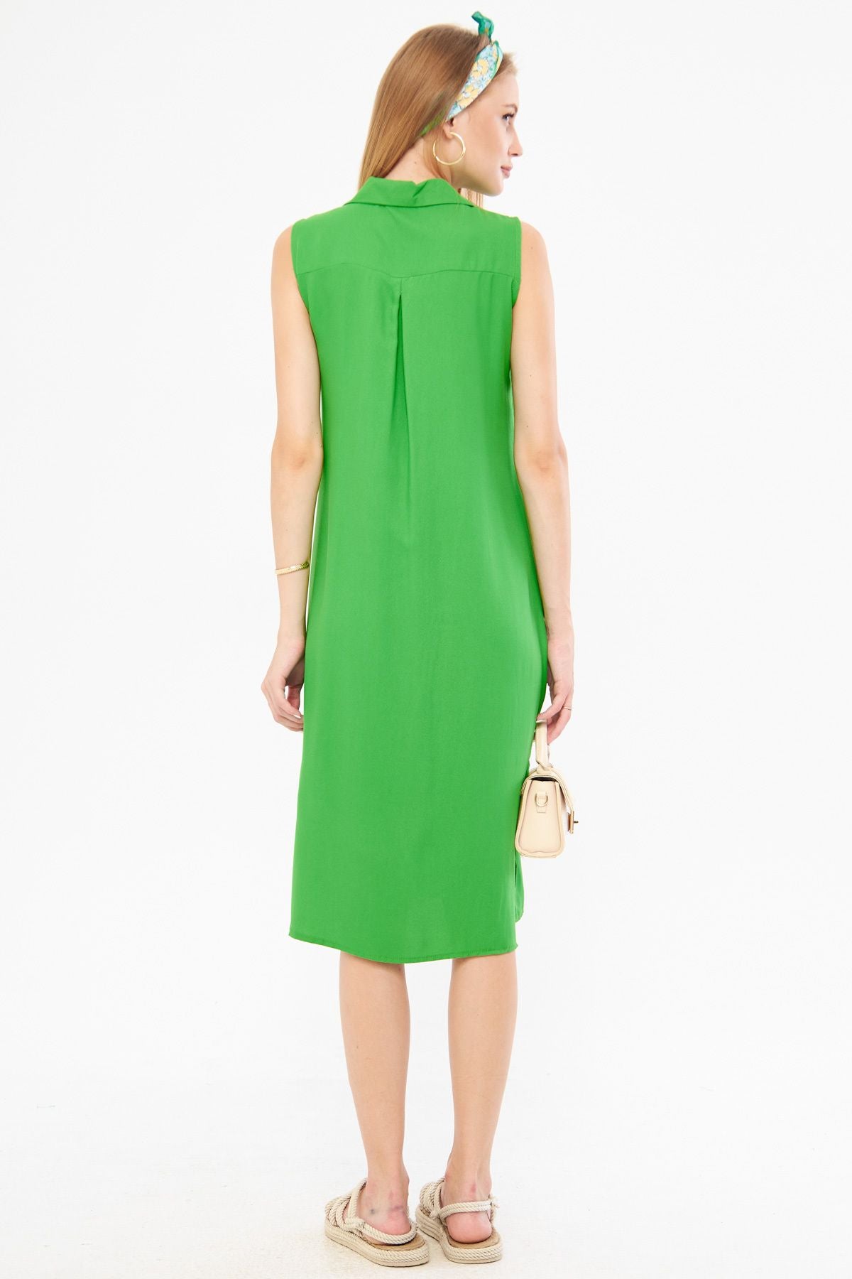 Female Green Collar buttoned dress ARM-17Y00028