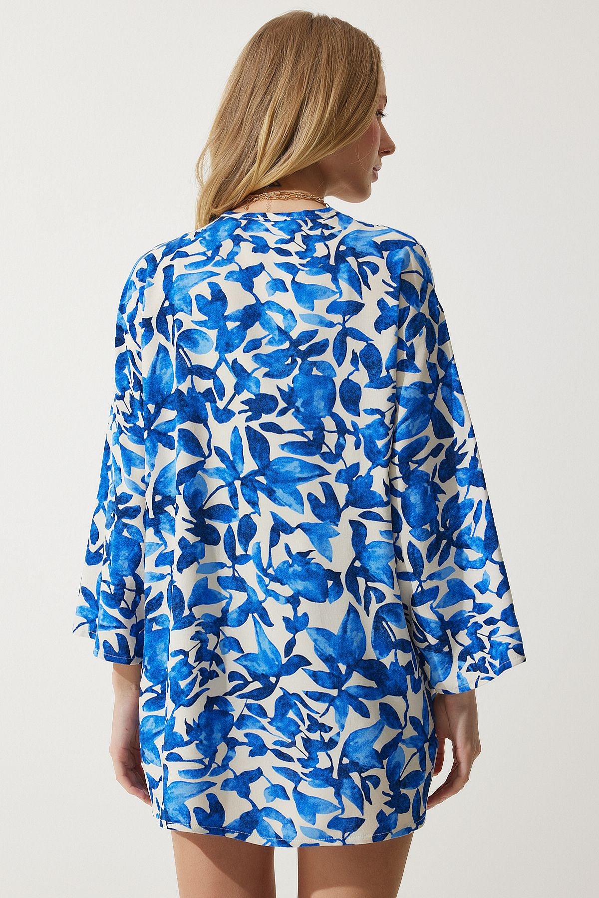 Female Blue Patterned Viscose Kimono EN00615