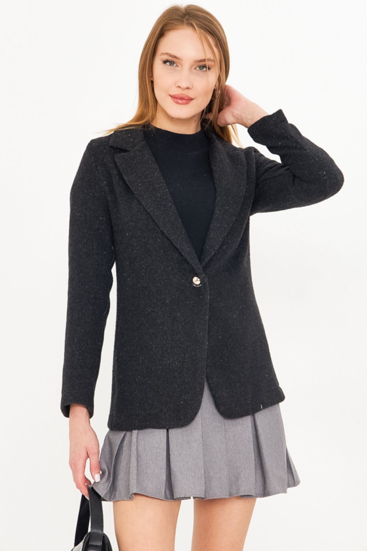 Woman Black Single button Stamp Jacket ARM-25K001082