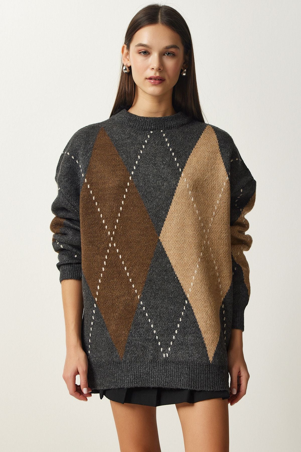 Woman anthracit Premium Baklava Patterned Oversize knitwear sweater FN03163