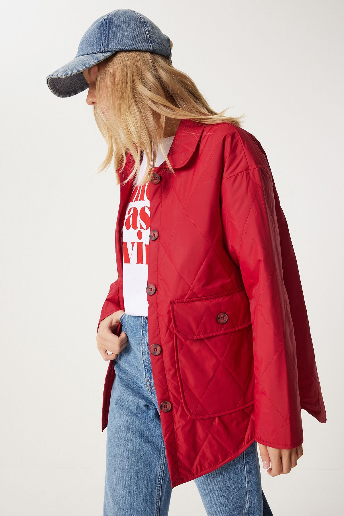 WOMEN'S RED POCKET Oversize Kapitone Mont Fo00001