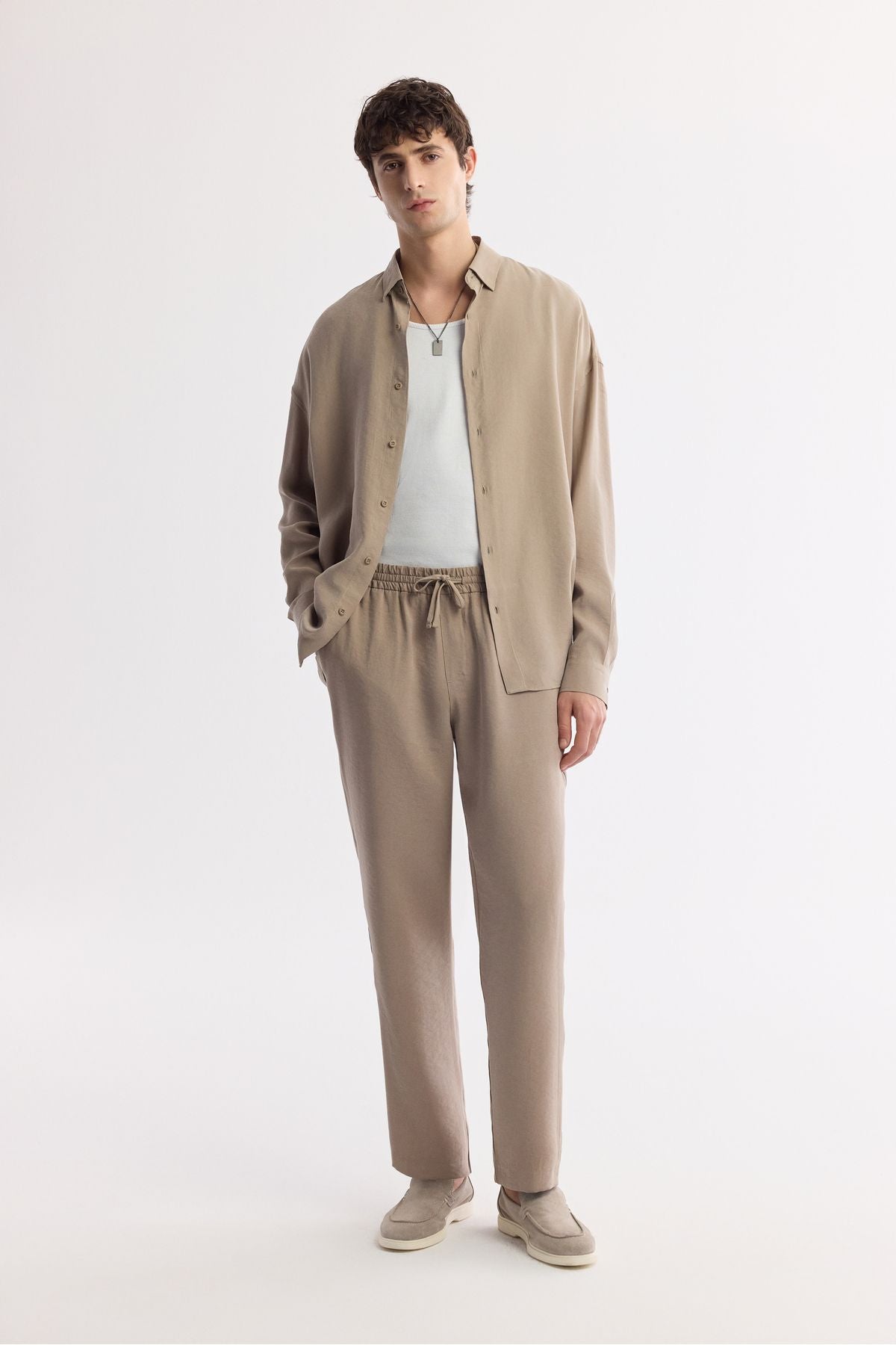 Men's Beige Waist Modal Mixed Casual Cutting Trojan Relaxed Fit Pants A51y3031