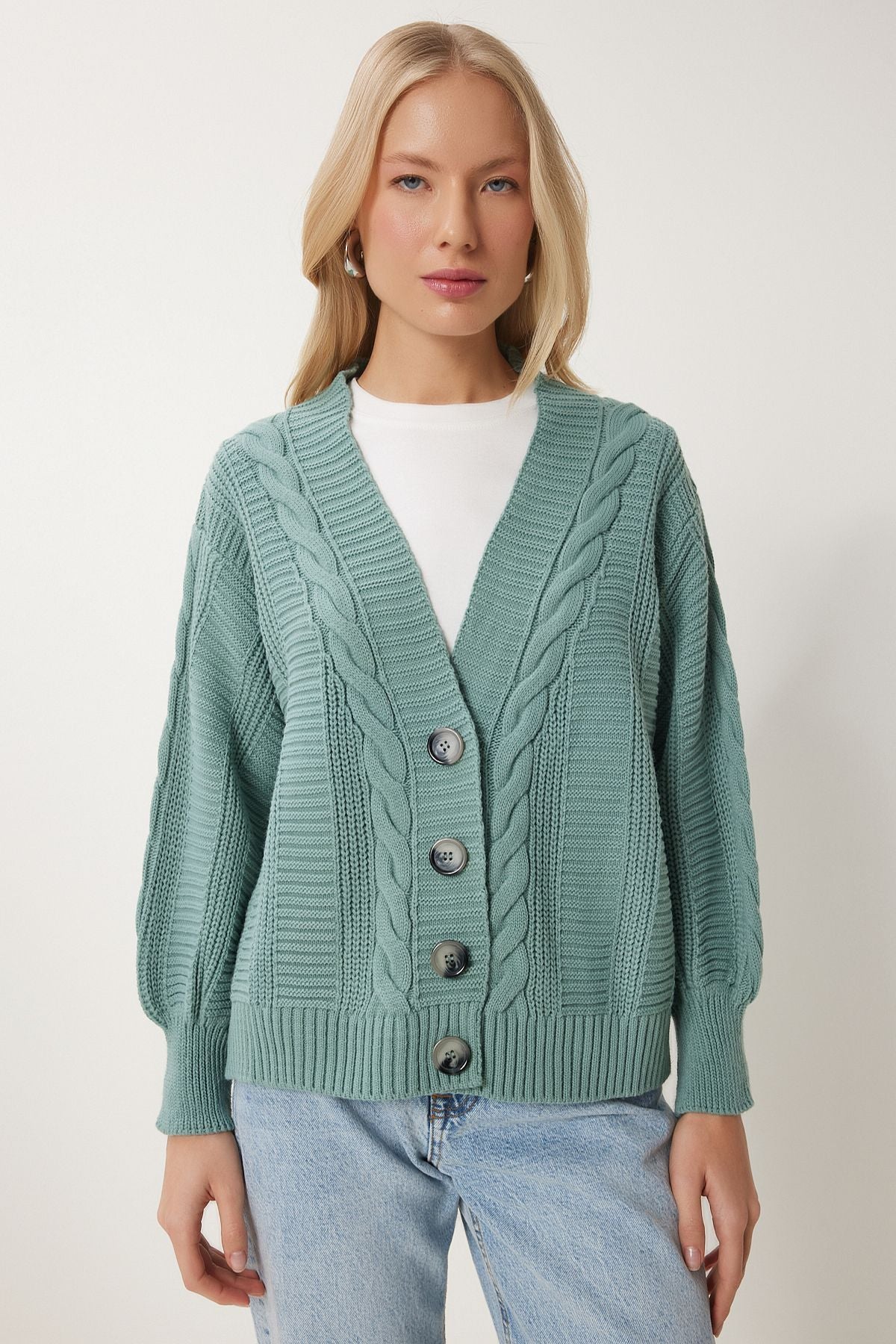 Women's Cagla Green Basked Balloon Sleeve shabby knitwear cardigan MX00176