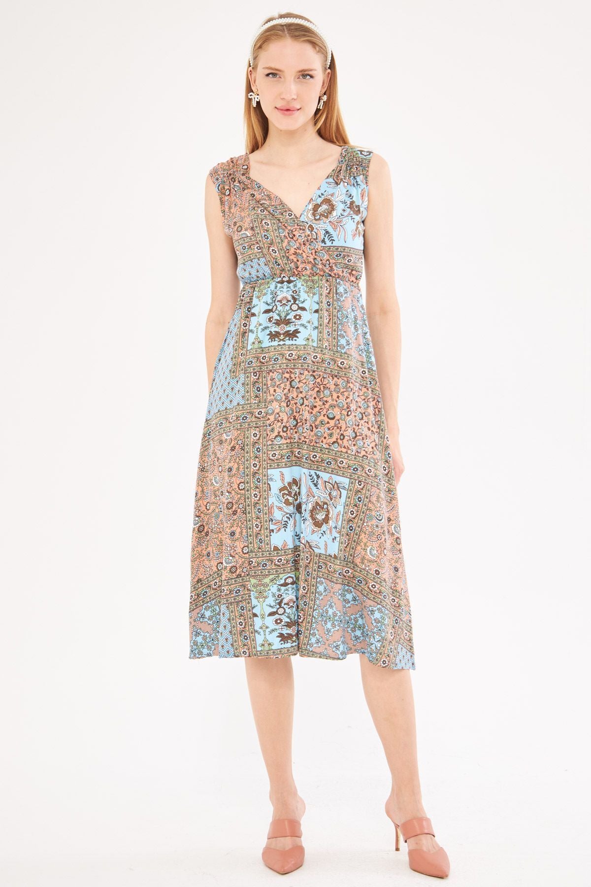 Female Baby Blue Patterned Waist and Shooter Cruve Cruve Midi Boy Dress ARM-24Y001052