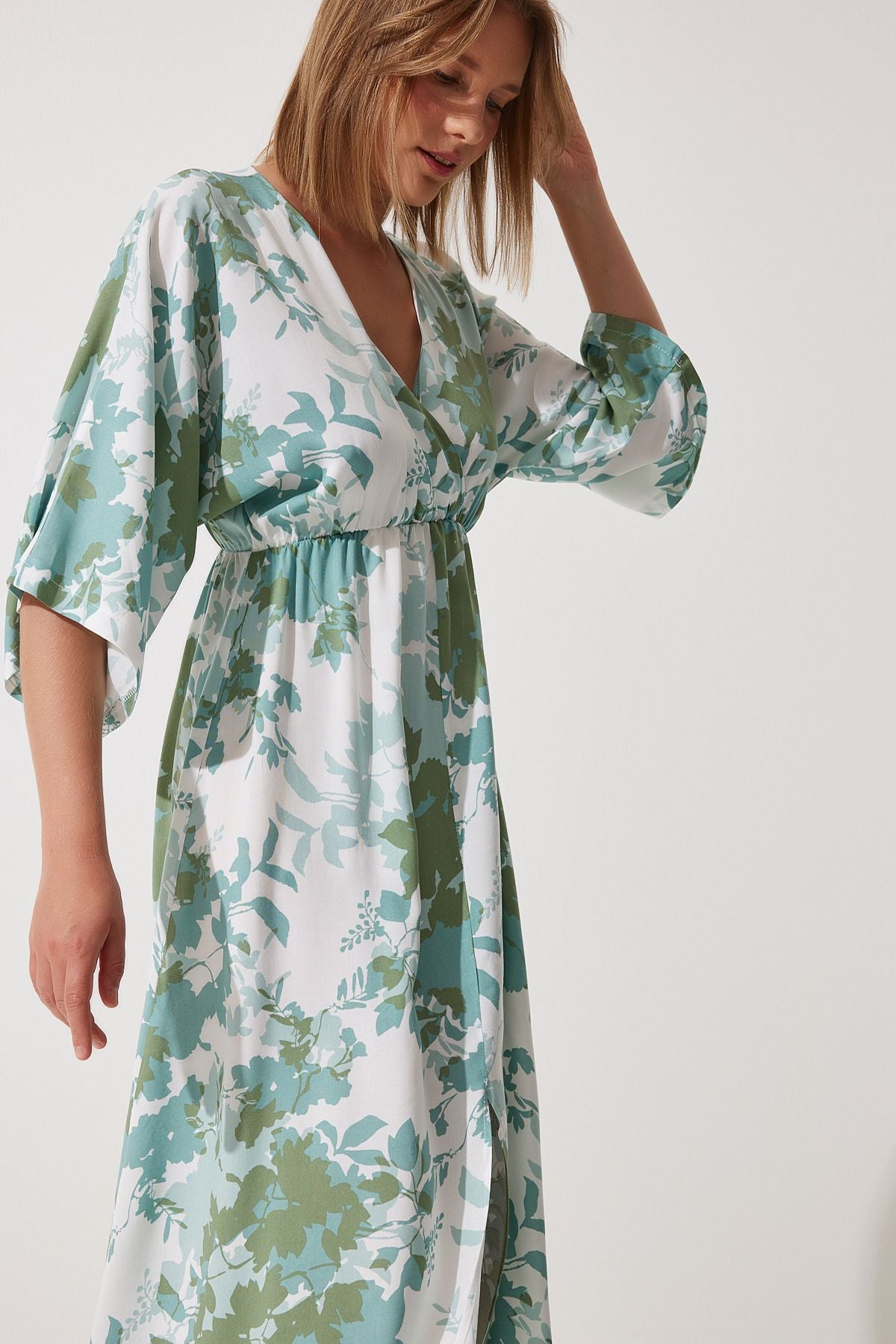 Women's Cagla Green Anvelop Yaka Patterned Summer Viscose Dress DK00166