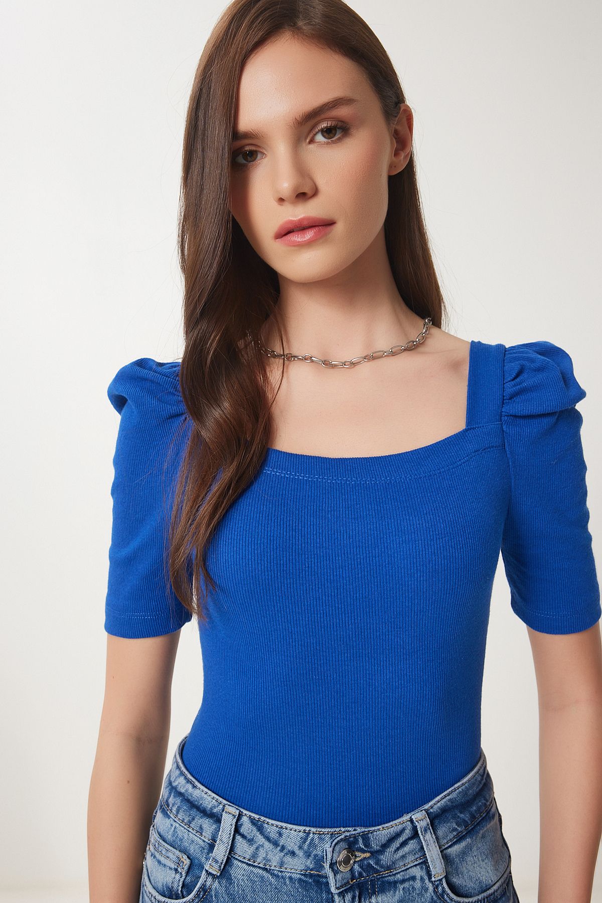 Woman Dark Blue Square Collar Crop Blouse GT00007