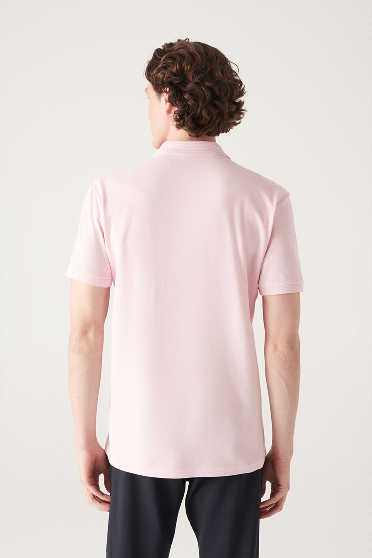 Men's light pink 3 button 100 %corn cotton Polo Yaka T-shirt B001027