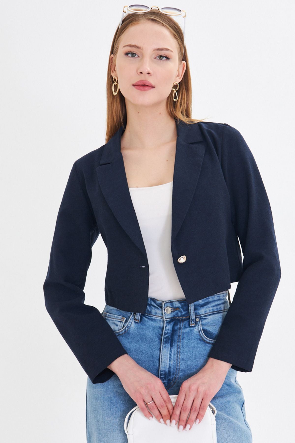 Kadın Lacivert Tek Düğmeli Crop Ceket ARM-23Y001064