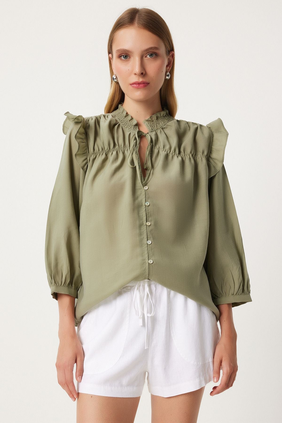 Female Khaki Suffering Detailed Flax Mixed Blouse HK00039