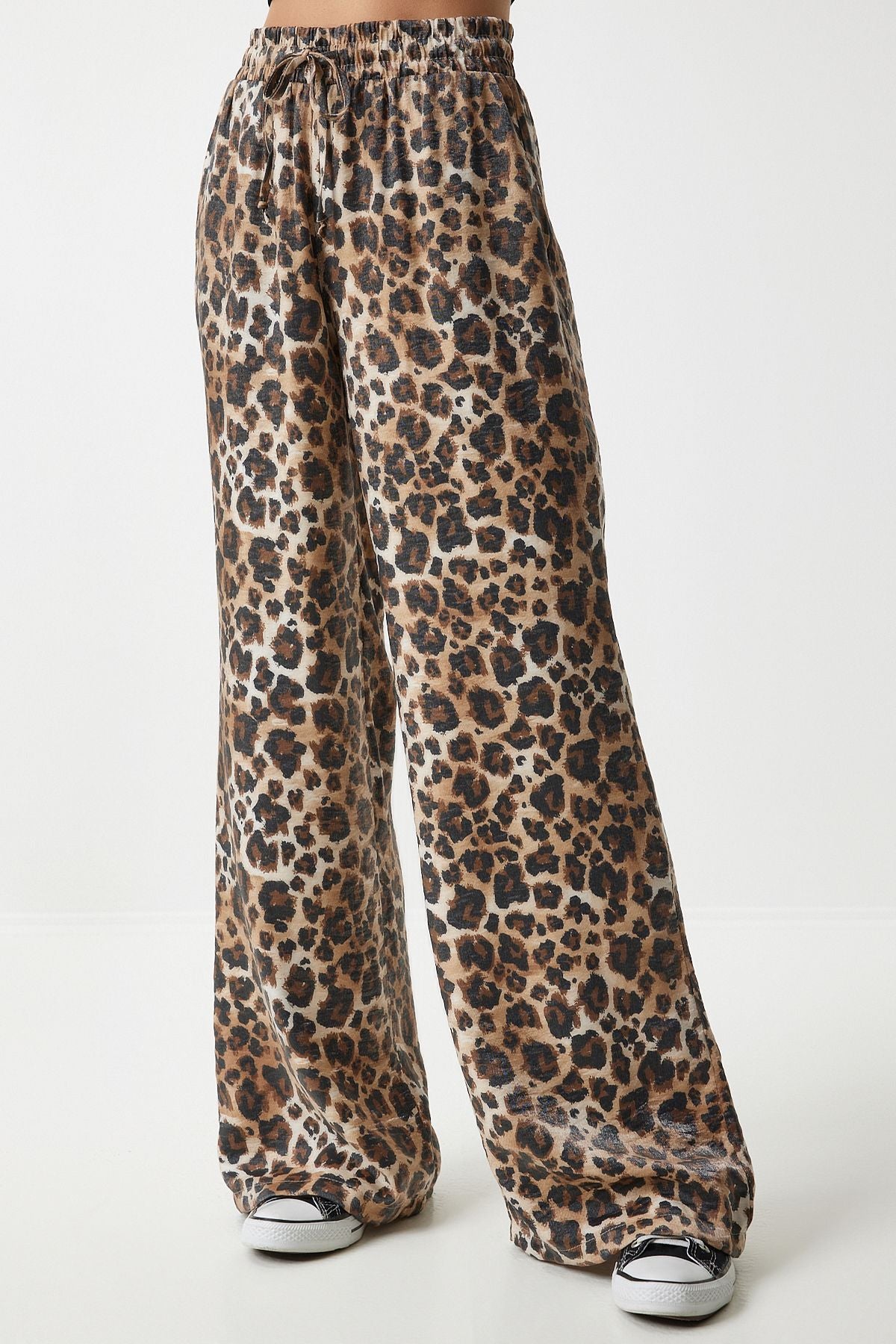 Female black beige leopard patterned viscose palazzo pants FN03185