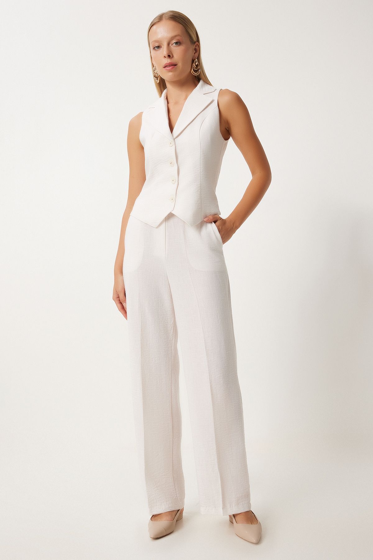 Women's Cream Light Transparent Shawl Yaka Vest Pants Set FN03231