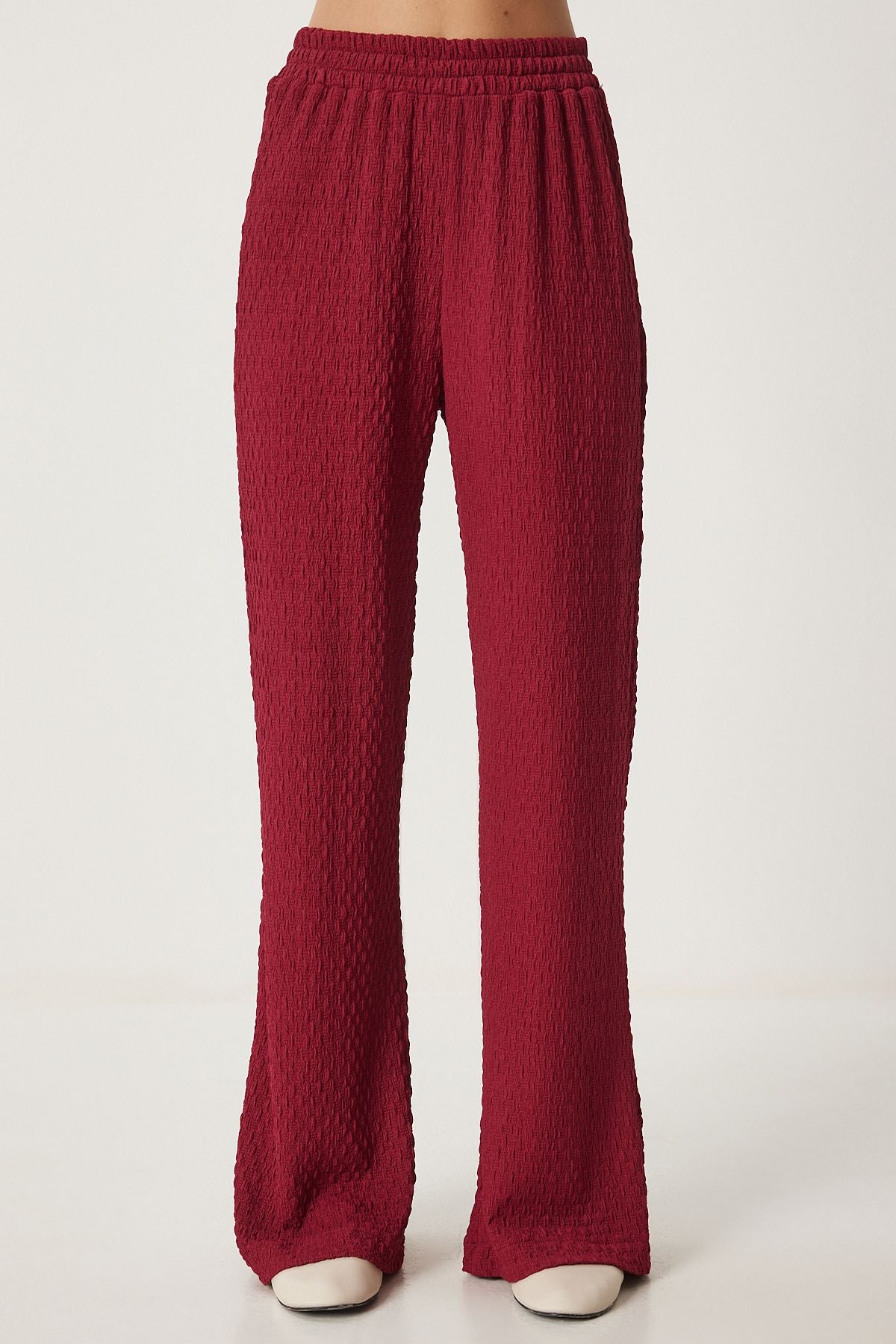 Female burgundy textured knitted kimono pants set RG00046