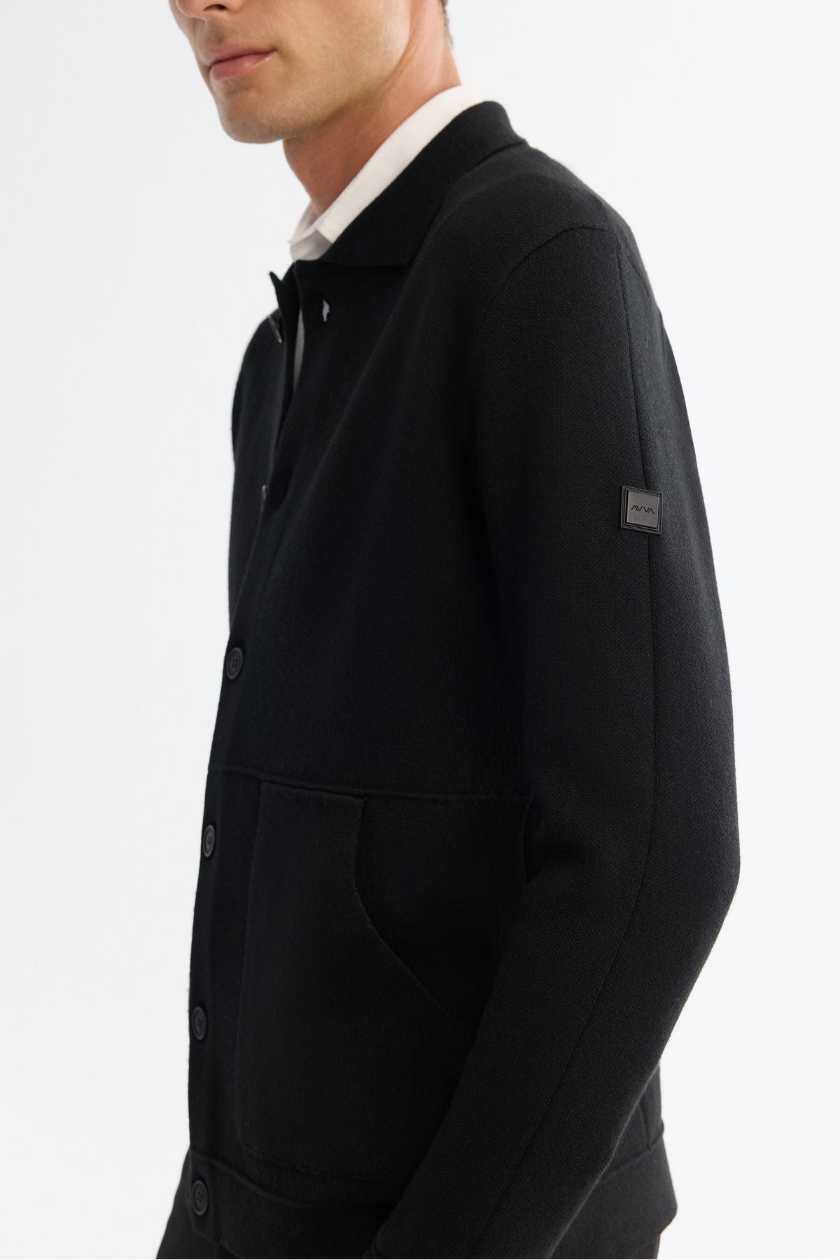 Men's Black Polo Yaka woolen gangbreled knitwear cardigan A42y5141
